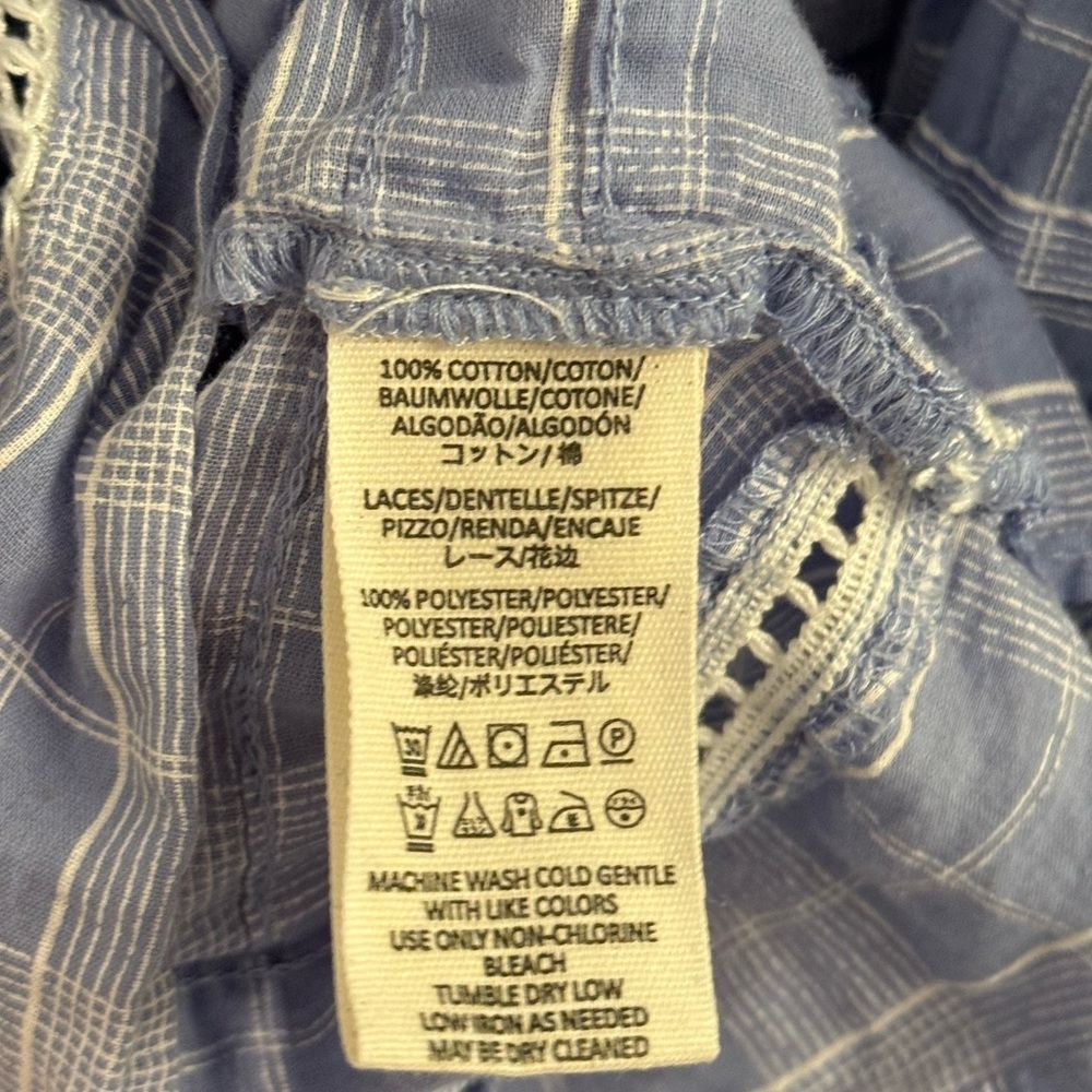 Free People Time Out Lace Tunic Shirt Blouse Chambray Blue White Plaid Medium - Picture 7 of 12